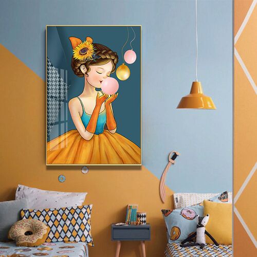儿童房装饰画女孩卧室床头挂画圆形壁画温馨粉色少女房间装饰墙画