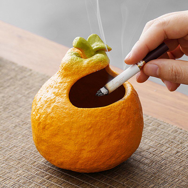 【大吉大利】橘子带盖陶瓷烟灰缸茶几个性防风家用潮流家用防飞灰