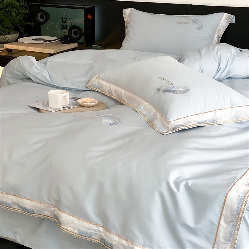 夏季100支面天丝四件简约羽毛刺绣凉感裸睡被1.8米床上用品