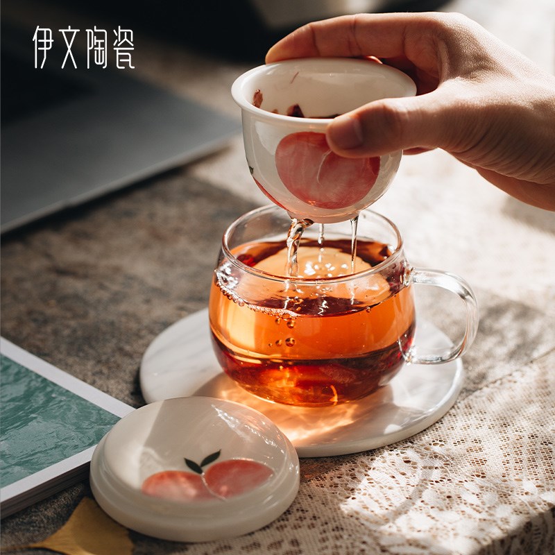 伊文陶瓷茶水分离过滤杯喝茶杯子女花茶杯玻璃泡茶杯办公家用茶杯