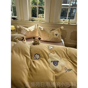 高档拉德毛风通牛奶绒巾绣熊宝宝美四件套1.5m1.8卡米法兰绒秋冬