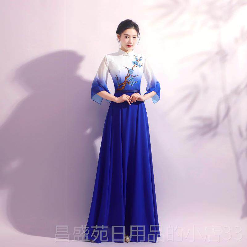 高档唱生修身合唱女服中国风古筝演出服红歌红服梅赞大合舞台演出