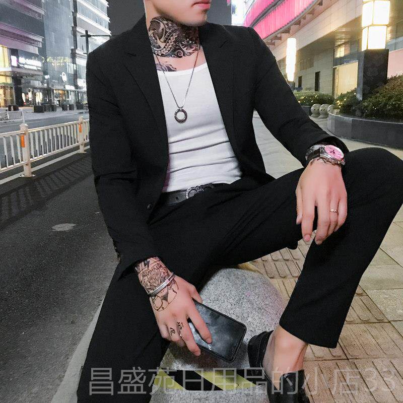 高档春款西商务纯修色西服套装型男小装两件套韩版身男士刺绣便服