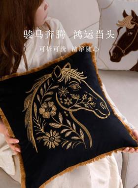马头黑金刺绣抱枕靠垫腰枕客厅卧室床头流苏边方形沙发枕抱枕套