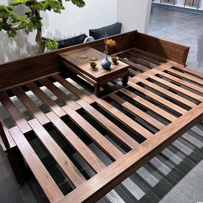 老榆木罗汉床可推拉沙发床两用家用贵妃榻实木带炕桌伸缩沙发床