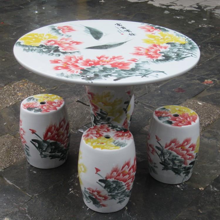 陶瓷桌椅摆手绘国画荷花莲年有凳余件陶瓷子子室内外OTY休闲茶桌