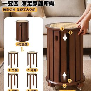 实木叠叠凳子可叠放餐凳藤编圆凳叠叠乐板凳家用餐桌吃饭高凳子r&