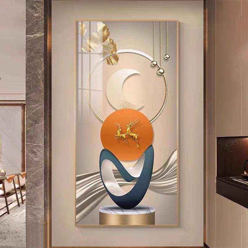 轻奢玄关装饰画玄幻大气高档金鹿走廊过道挂画入户正对门竖版壁画