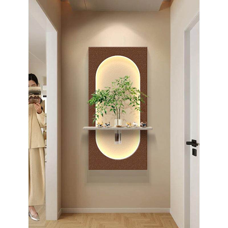 奶油风水培绿植砂岩装饰画带花瓶走廊过道发光壁灯画入户玄关挂画