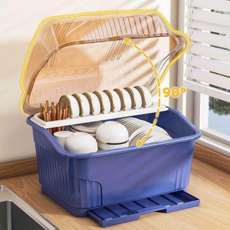 厨房碗柜碗筷收纳盒家用防尘沥水带盖置物架放碗筷收纳盒台面置物