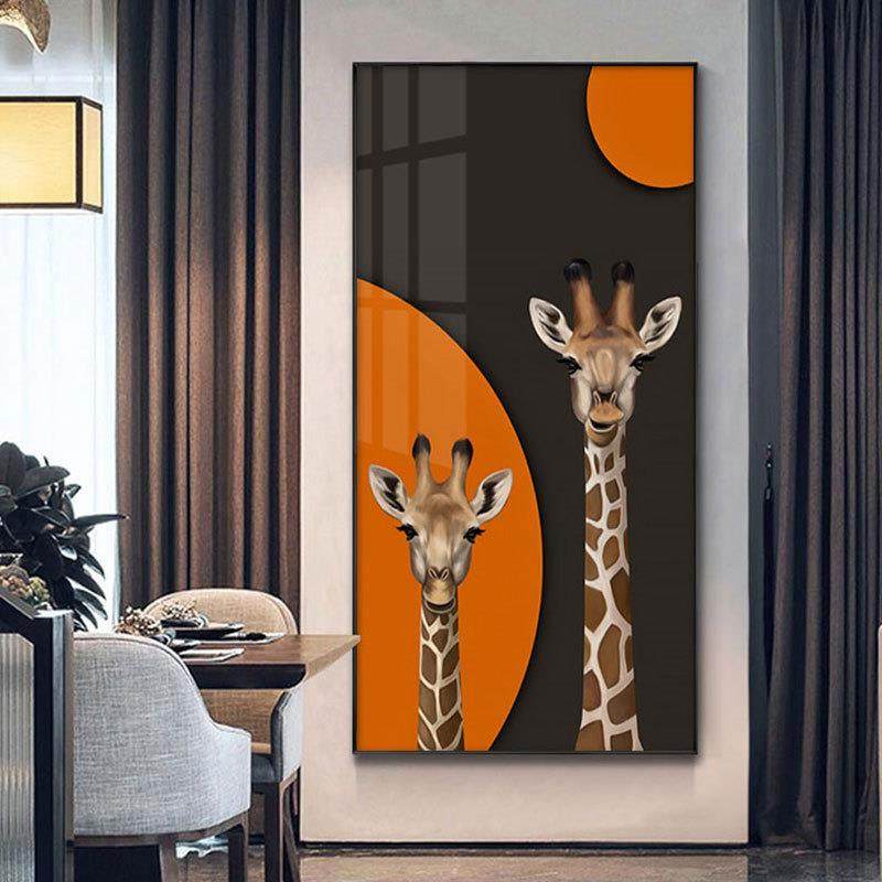 现代简约玄关竖版装饰画长颈鹿温馨动物壁画走廊过道卧室餐厅挂画