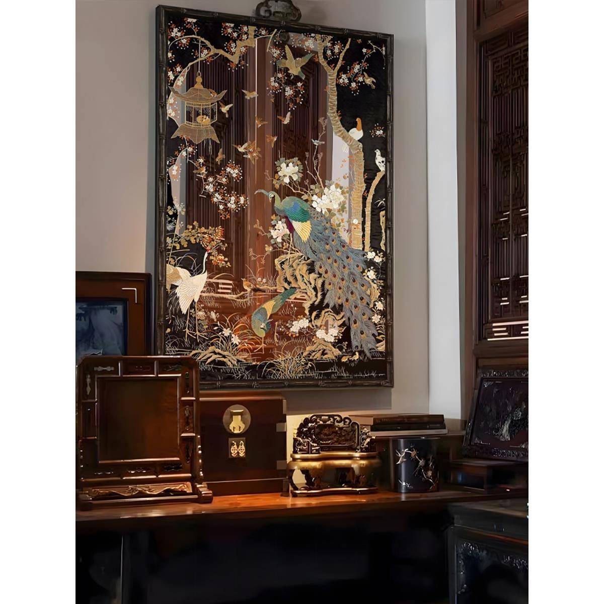 孔雀送礼国风书房玄关挂画装饰镜艺术品神鸟画中式画镜子中古客厅