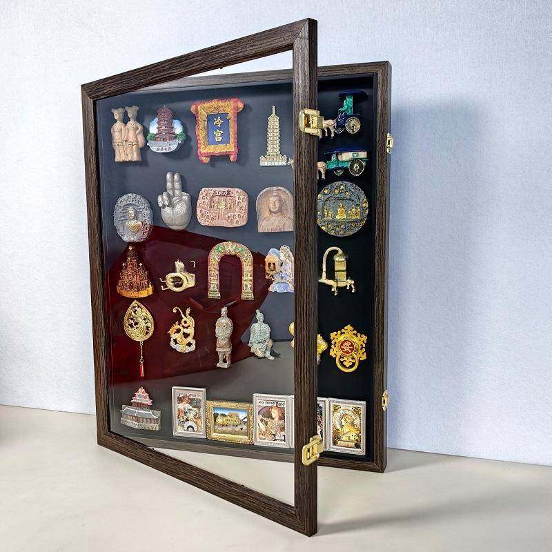 冰箱贴展示框磁吸磁贴收纳收藏展示板博物馆翻盖实木相框