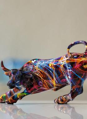 欧式炫彩水转印牛摆件家居客厅玄关桌面酒柜电视柜树脂工艺品