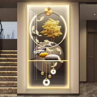 轻奢发财树入户玄关装饰画走廊尽头挂画进门正对墙带灯led灯壁画