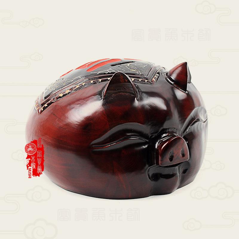 直销猪福存钱罐特色桃木木雕家居工艺品摆件木质小猪储蓄罐