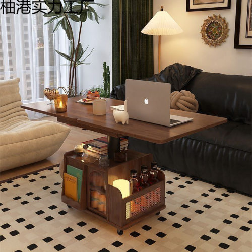 实木升降茶几移动推车茶桌折叠餐桌小户型茶台多功能客厅沙发边柜