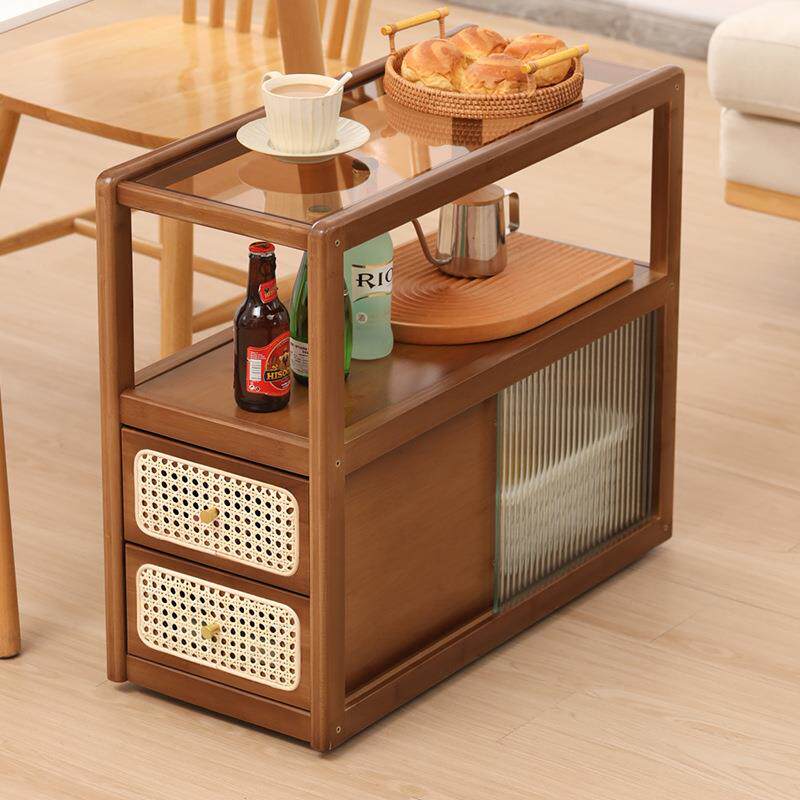 可移动小型玻璃边柜日式藤编餐边柜家用极窄碗柜收纳柜简易储物柜