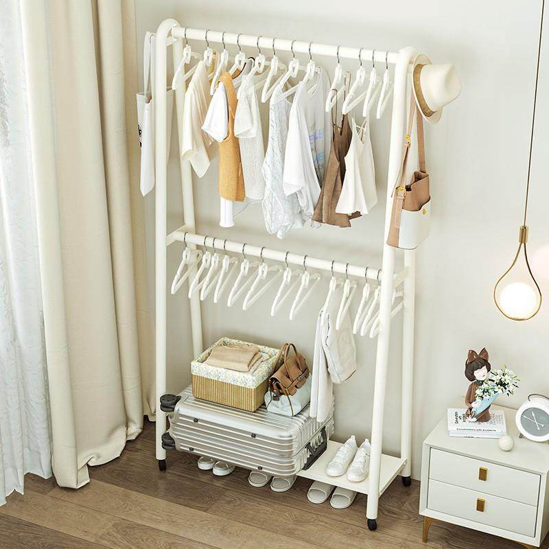 衣架卧室落地奶油风可移动式双层衣帽架主卧临时放衣服收纳挂衣架