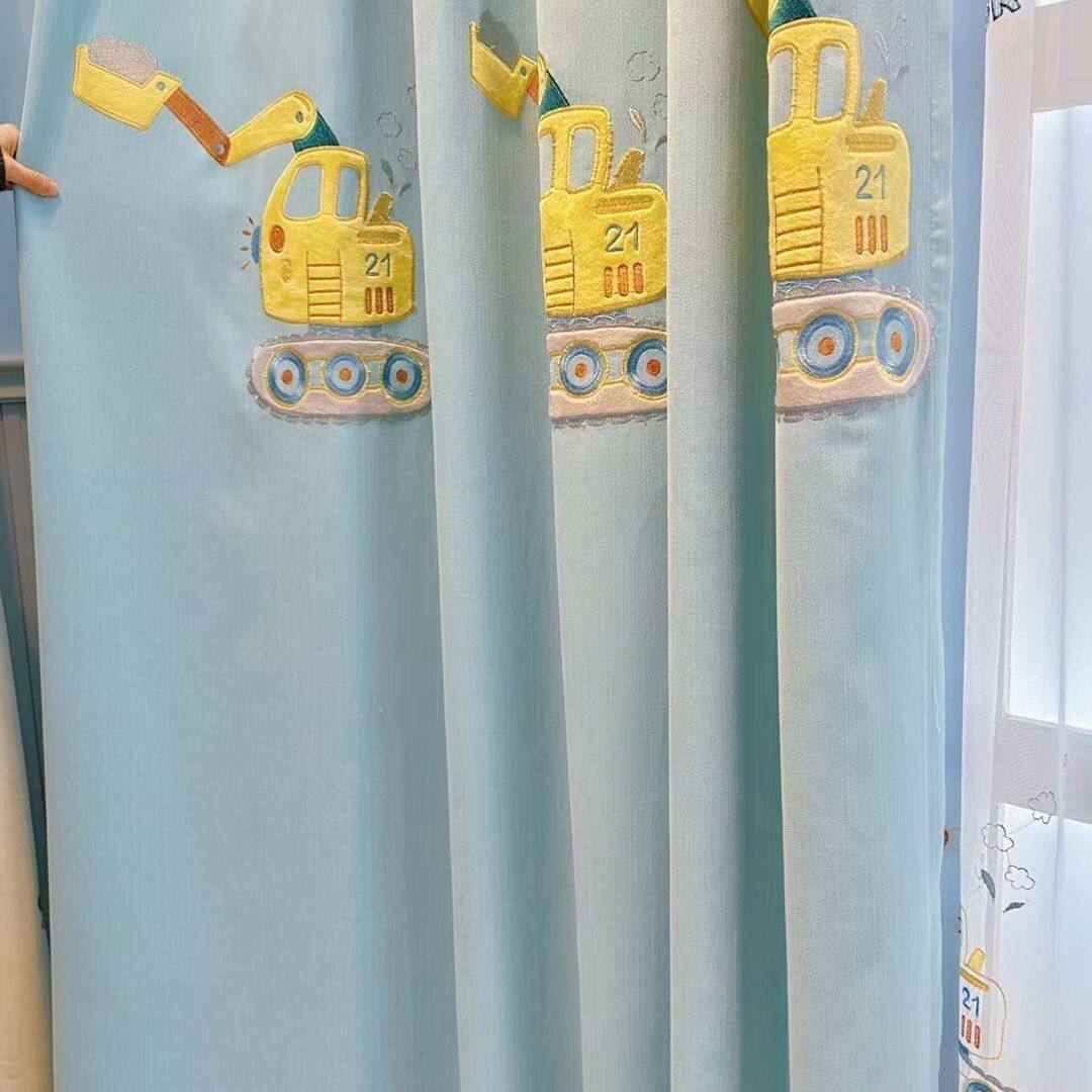 新款蓝色卡通挖掘机刺绣窗帘男孩卧室儿童房飘窗遮光定制