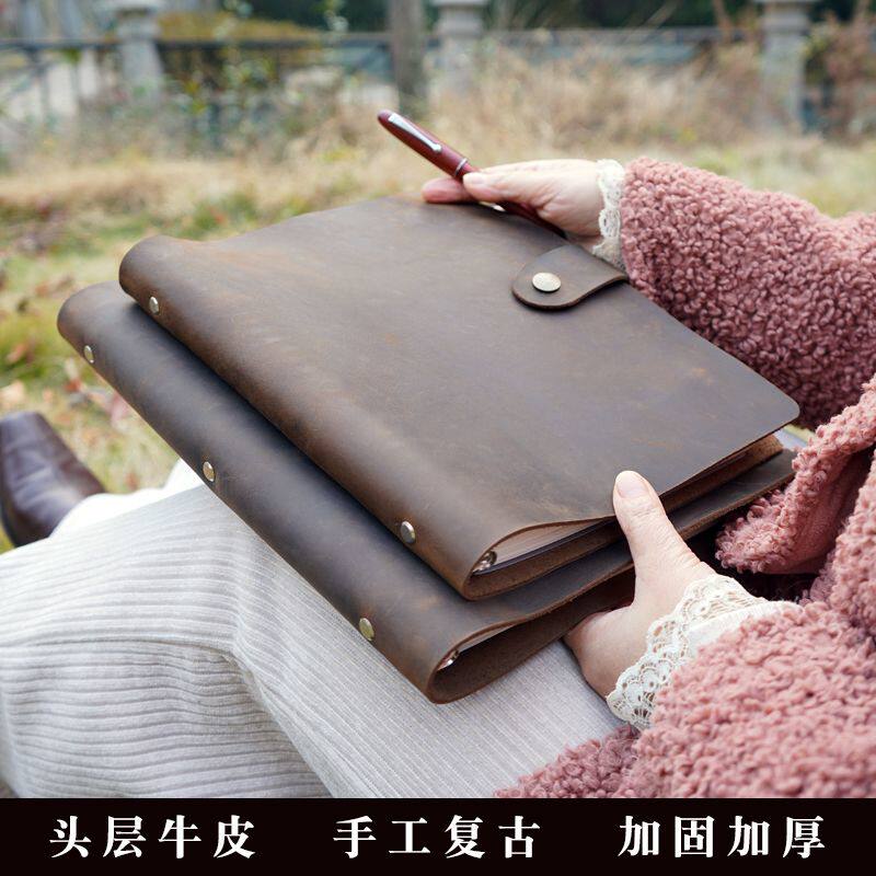 手工加大复古头层牛皮素描本26孔B5疯马皮真皮带纽扣可定制笔记本
