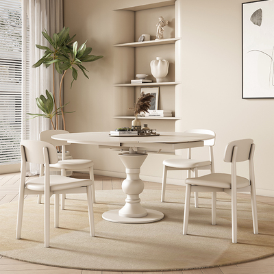 实木旋转伸缩岩板餐桌可变圆桌家用小户型奶油风方圆两用摺叠圆桌