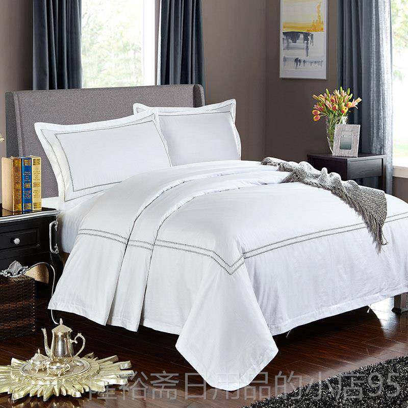 高档罗被曼德0支6棉纯白贡缎绣框四套酒店布草宾馆套床单件床上用