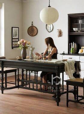 法式复长古实家木用方餐形美式花WHB原木桌轻奢现代简约黑色方桌