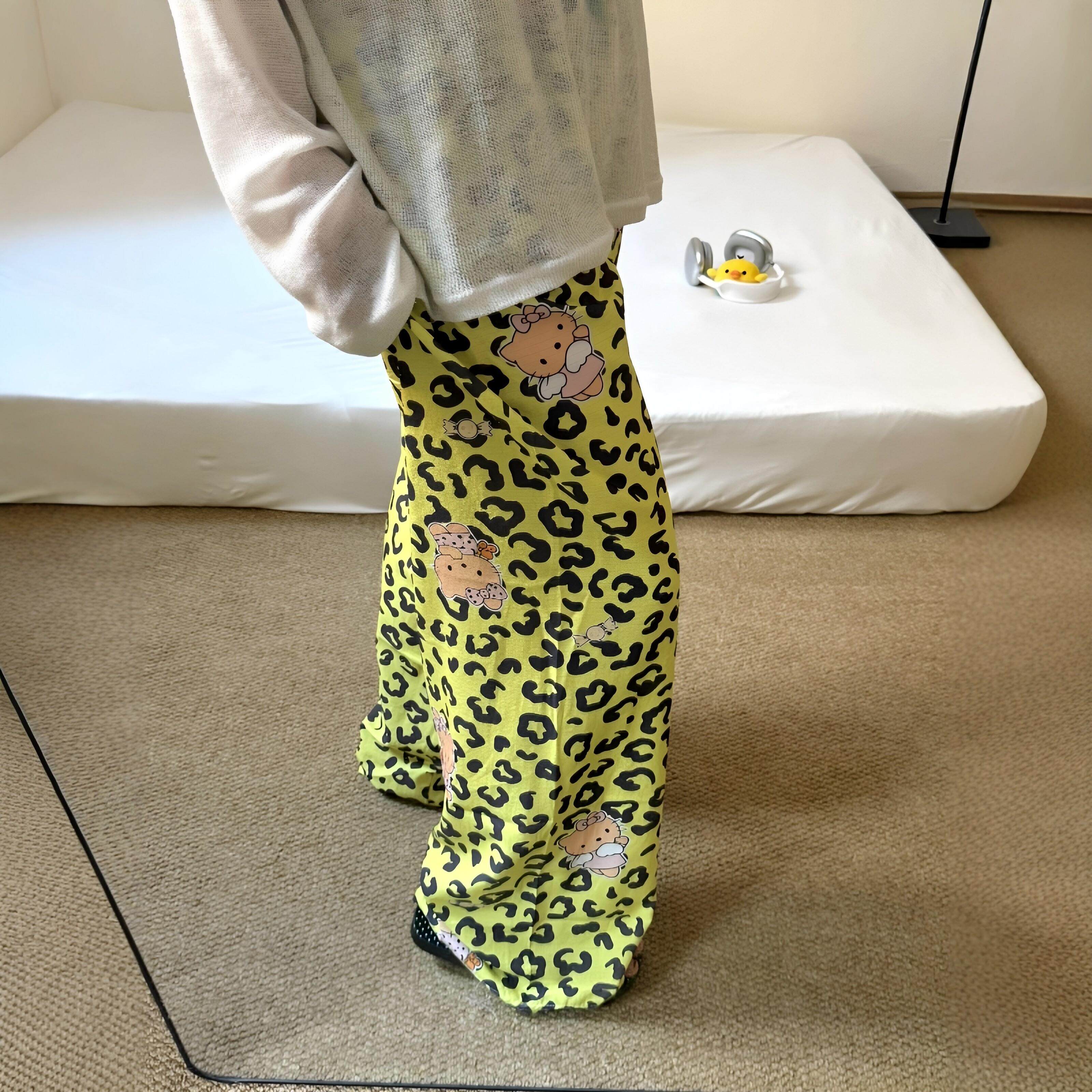 豹纹遛弯裤女款春夏云朵棉睡裤宽松直筒家居裤可外穿百搭阔腿裤