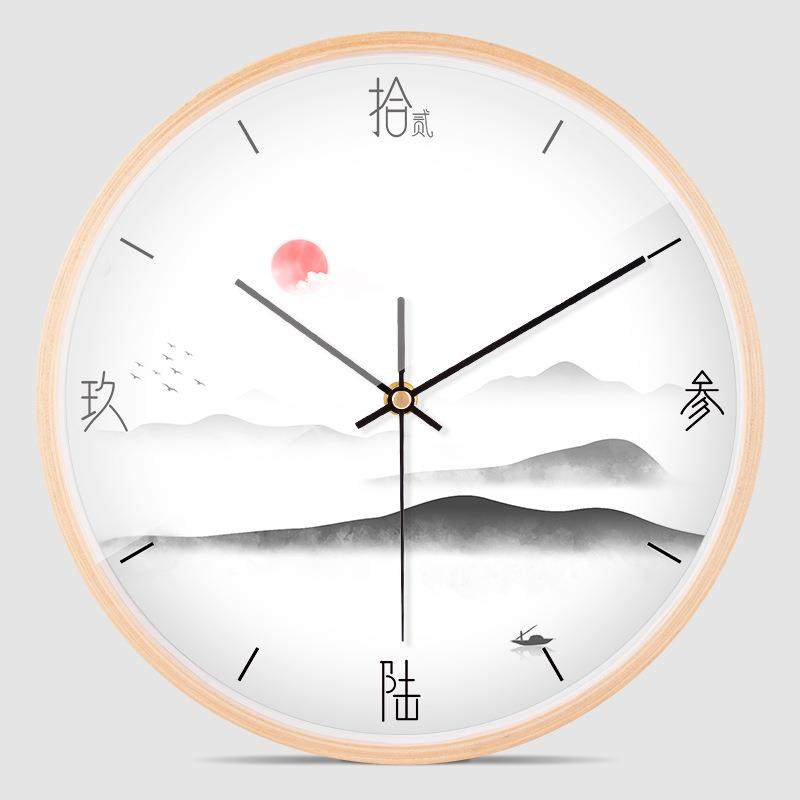 10寸1寸实木边框挂钟厅卧CH635时室静音钟2桦木新中式中客国水墨