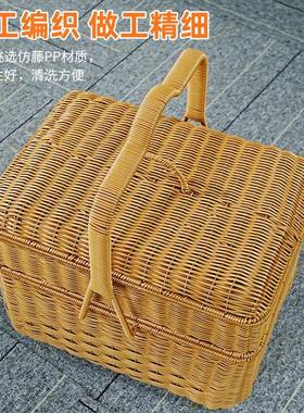 双层手HX16提篮收筐家用国风手提篮野拜拜篮家用盖纳餐篮手带工藤