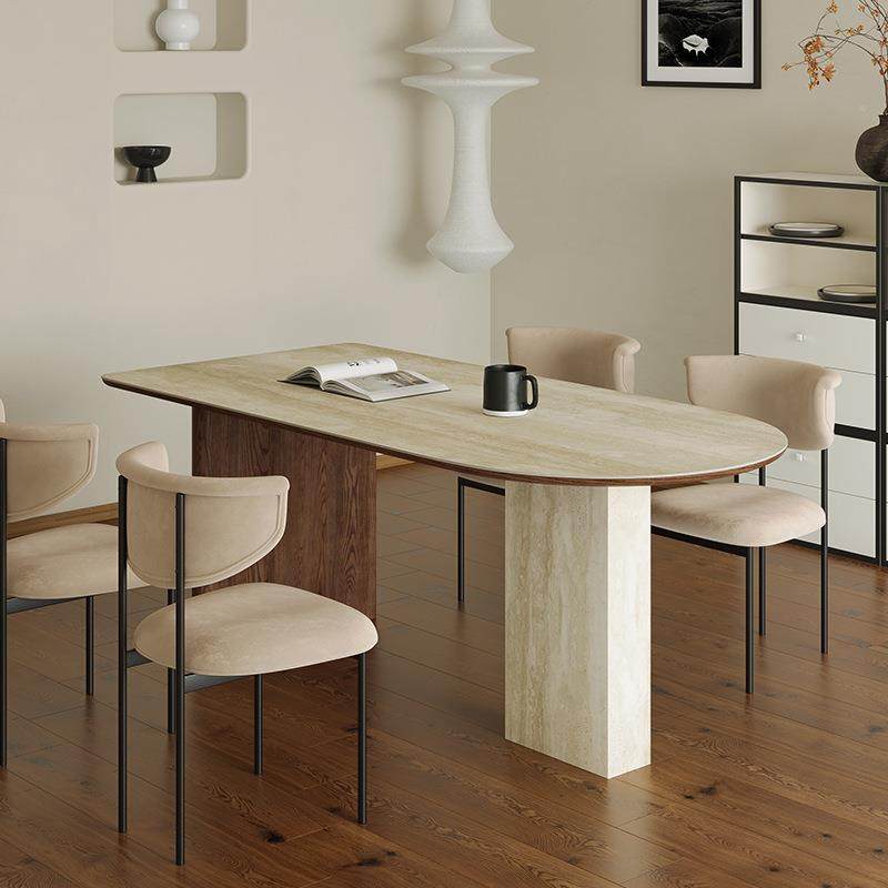 法复古木餐式桌洞石岩板DA51小户型设实师创意半椭圆岛台餐桌靠墙