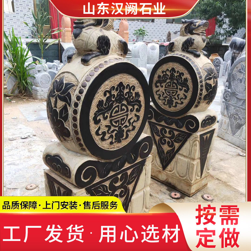 仿古做旧青石石雕抱鼓 别墅庭院门口摆件狮子小象抱鼓石 石门墩