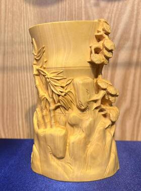 黄杨居木雕刻节节高笔筒家办20240111公面桌摆文饰房四宝木雕笔筒