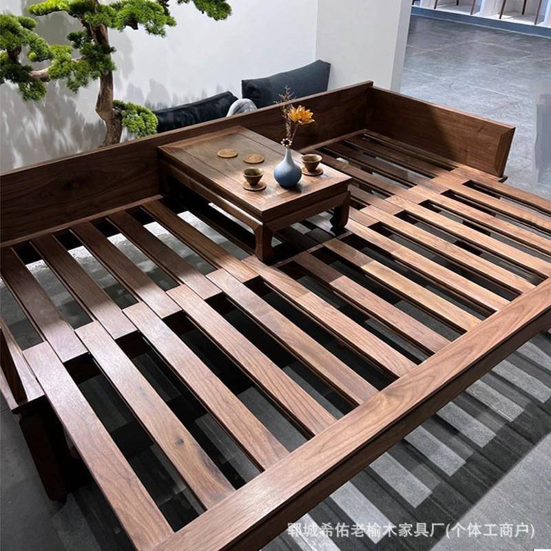 新中式老榆木罗沙汉床可-条推木拉两用发床客厅贵妃榻实长椅坐榻