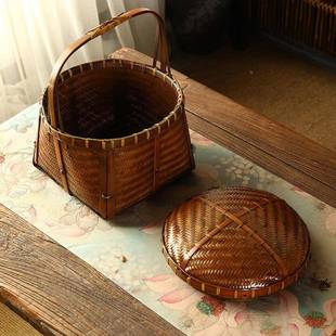 口中式竹编圆小提篮20221125茶具收纳篮野餐竹筐盖旧箩筐室茶收做