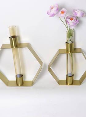 现轻代简约干金属奢六边形花铁架玻璃花器厅花插花透明花瓶摆件客