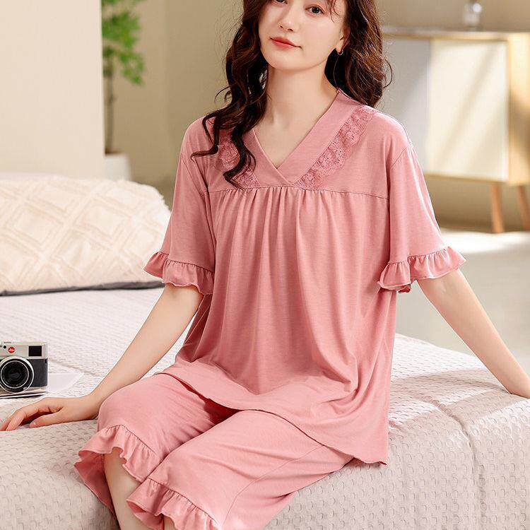 夏季莫代尔薄款睡衣女短袖中年妈妈休闲七分裤家居服两件套可外穿