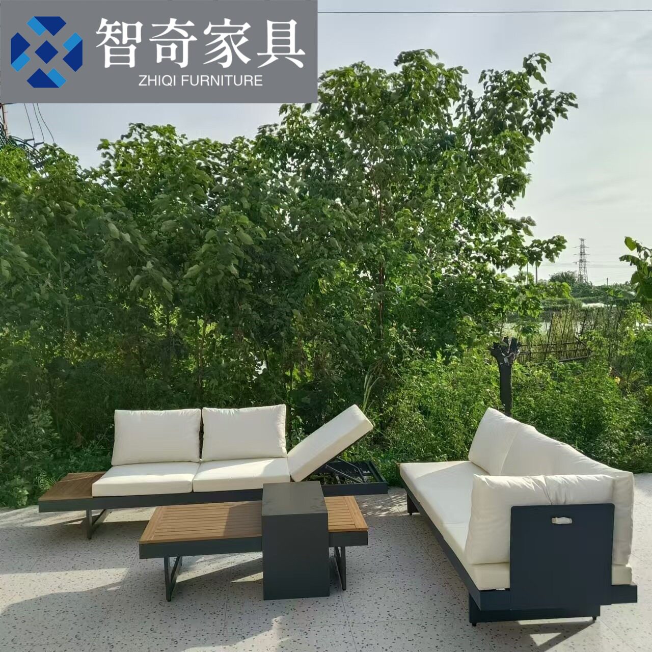 户外沙发木纹铝合金转角茶台庭院休闲别墅酒店防腐木组合露天家具