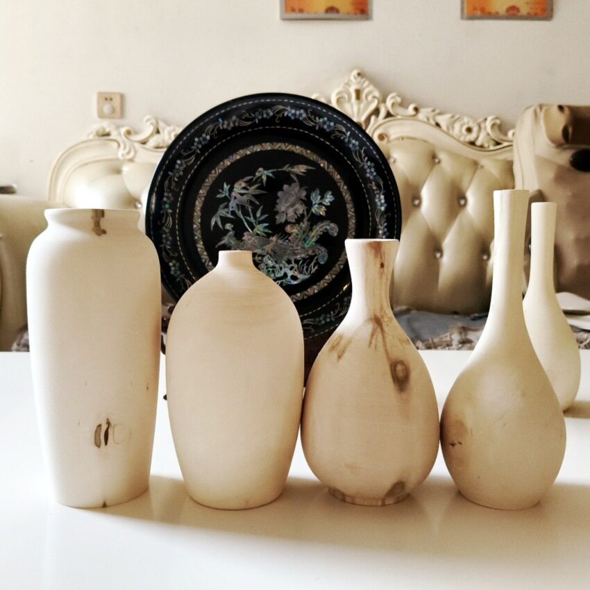 椴木琉球瓶漆器木胎家居园艺餐桌实木插花摆件长短花瓶组合装饰品