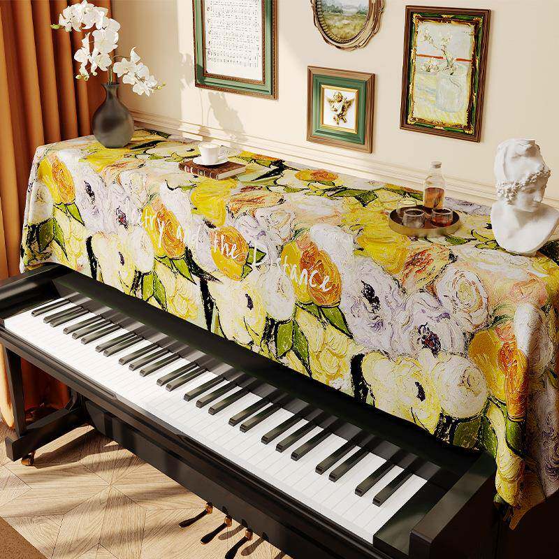 油画蔷系列天钢琴防灰罩鹅绒防尘盖布盖子巾田薇园FS758027花卉电