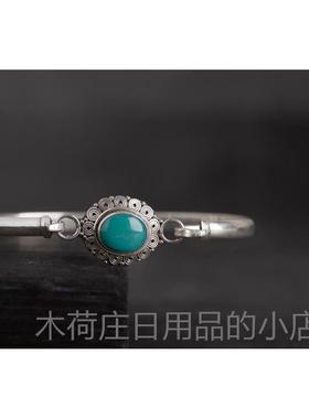 正品印度尼泊古尔手工925银品镶嵌绿石手镯女手环 饰松开口覆民族