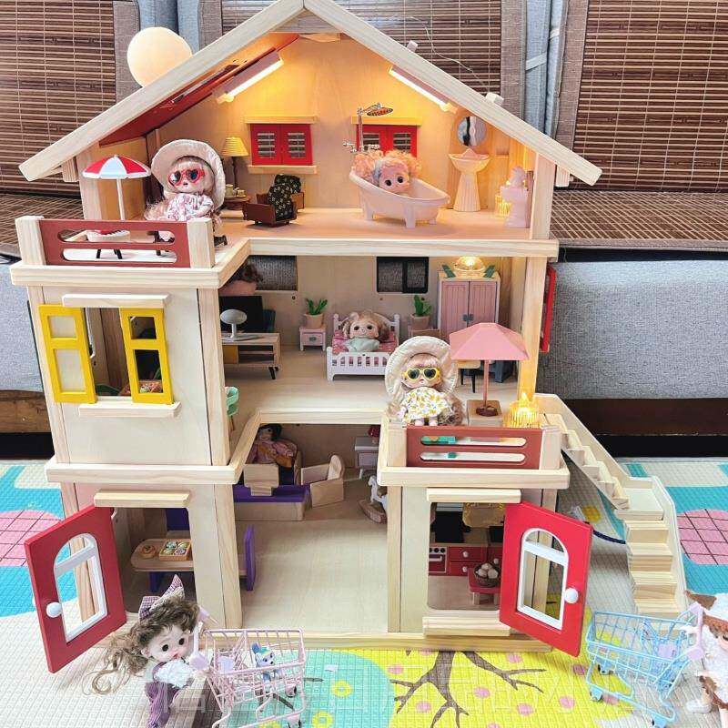 高档模拟木制童子娃娃屋公主儿大房设置女孩玩房子玩Y具屋DI小屋