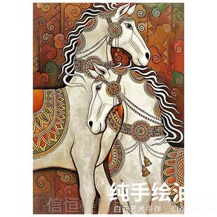 高档式复古动物白色骏马功饰挂画客美厅玄关落地摆件马到成装手绘