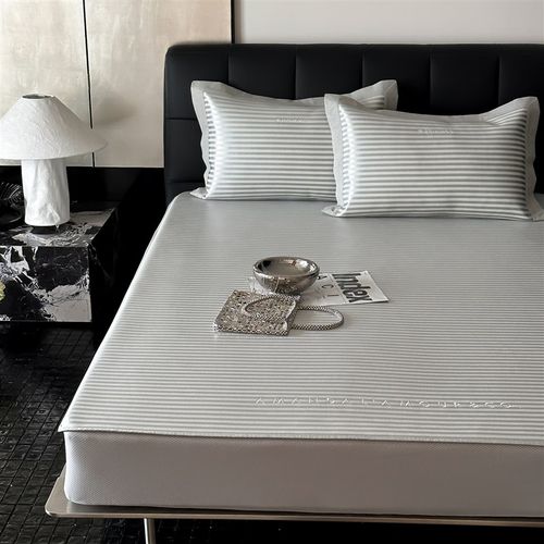 HOUSE 夏日A类抗菌冰丝席三件套 加大尺寸条纹刺绣凉席床笠款可洗