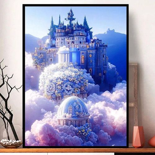 钻石画2024新款5d满钻客厅卧室装饰画蓝色城堡带框手工点贴钻风景