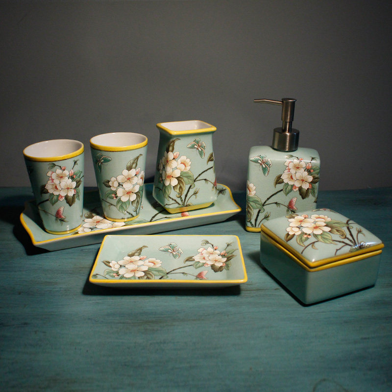 卫浴五件套组创意高档中式浴室用品套件化妆室漱口杯结婚洗漱套装