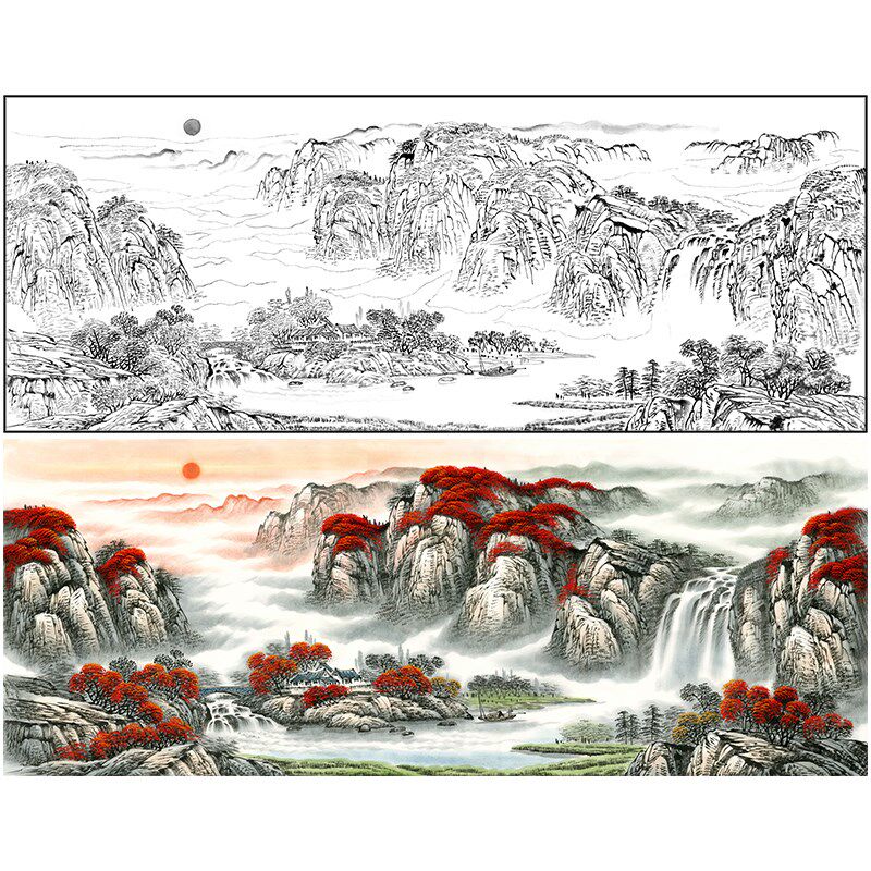 工笔白描底稿大幅山水画鸿运当头国画打印稿用作临摹勾线使用FS04