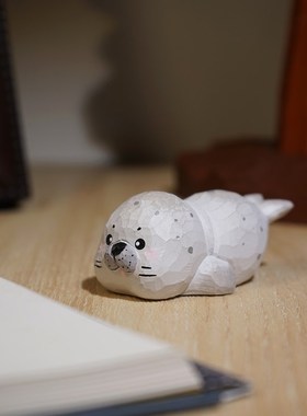 滑板小海豹手工木雕小摆件可爱动物趣味创意治愈电脑工位桌面