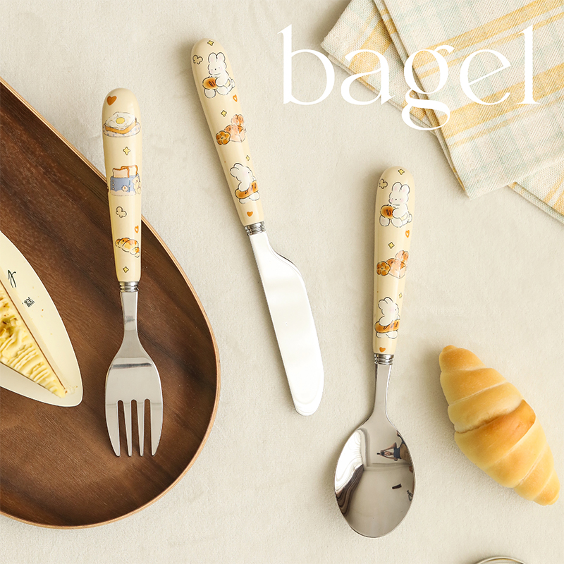 蓝莲花不锈钢刀叉勺陶瓷柄可爱儿童家用餐具餐勺西餐勺甜品勺子